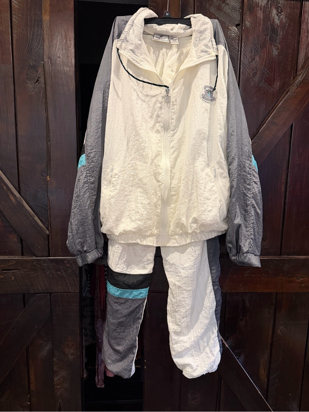 Vintage Givenchy White Track Suit Jacket with Teal and Black Logo Patch